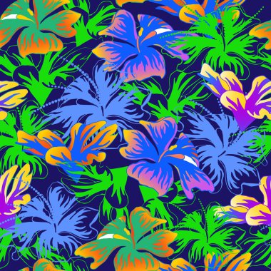 Mavi bir arka plan üzerinde parlak çiçekler ile dikişsiz desen. El yapımı yaz lık süs. Kumaş, fayans, dekupaj için vektör illüstrasyon.