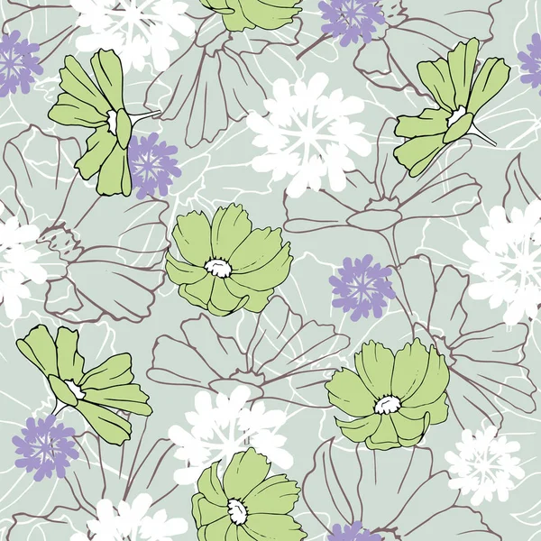 Yeşil bir arka plan üzerinde mürekkeple çizilmiş çiçeklerin dikişsiz desen. Kontur ve renk papatyaları. Kumaş, fayans, duvar kağıdı için vintage doku.
