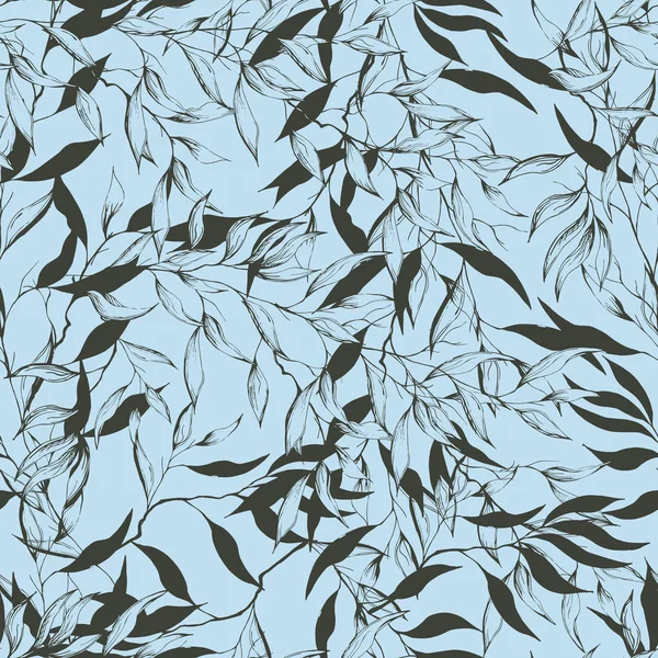 Patrón sin costuras de hojas de contorno oscuro sobre un fondo azul. Fondo botánico para tela, azulejo, papel pintado. Patrón vectorial monocromo . — Vector de stock
