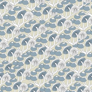 Gri bir arka plan üzerinde mantar ile Tekstil dikişsiz desen. Dekorasyon ve tasarım için sonsuz desen. Vektör çizimi