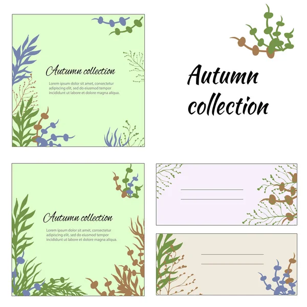Conjunto de plantilla para texto. Plantas de otoño sobre un fondo verde. Ilustración vectorial para presentaciones de diseño, tarjetas de visita y tarjetas . — Vector de stock