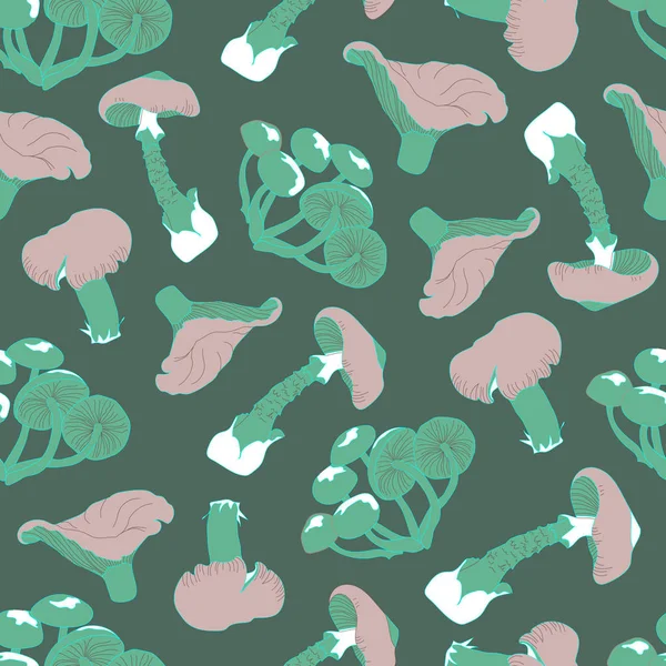 Bezszwowy wzór tekstylny z dzikimi grzybami. Fantastyczne grzyby na zielonym tle do druku, pakowania, papieru, projektowania tekstyliów. Ilustracja wektorowa — Wektor stockowy
