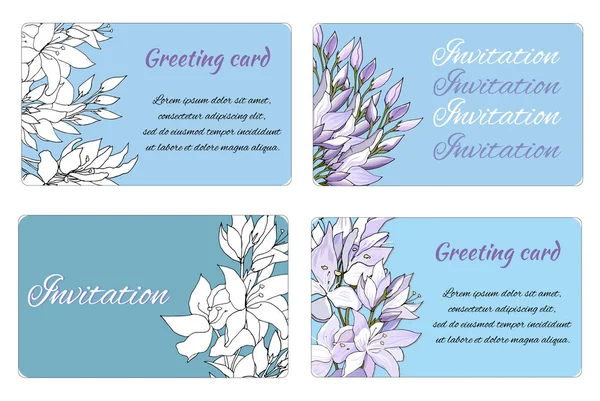 Plantillas de tarjetas de felicitación con flores blancas y moradas sobre un fondo azul. Marco de texto para saludos e invitaciones. Ilustración vectorial — Vector de stock