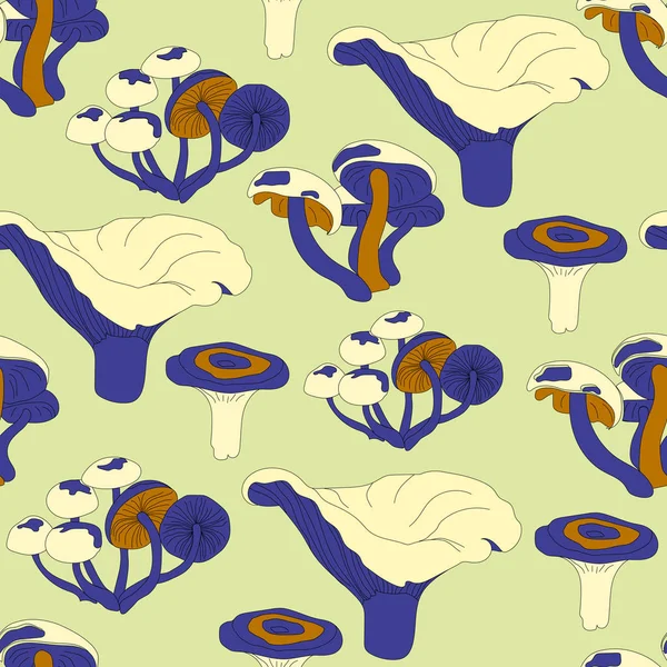Nahtloses Säuremuster. Cartoon-Textur mit leuchtend gelben Pilzen auf grünem Hintergrund für Druck, Verpackung, Papier, Textildesign. Vektorillustration — Stockvektor