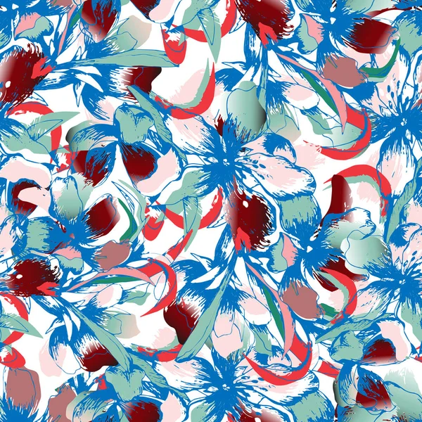 Adorno oriental brillante para la tela. Patrón floral sin costuras. Colores azul y rojo. Textura interminable del vector . — Vector de stock