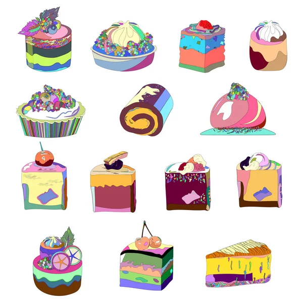 Набор многоцветных кексов и выпечки со сливками. Весёлая коллекция векторных элементов, тортов, ягод, сливок, шоколада на белом фоне. Векторные иконки для меню кафе и ресторанов . — стоковый вектор