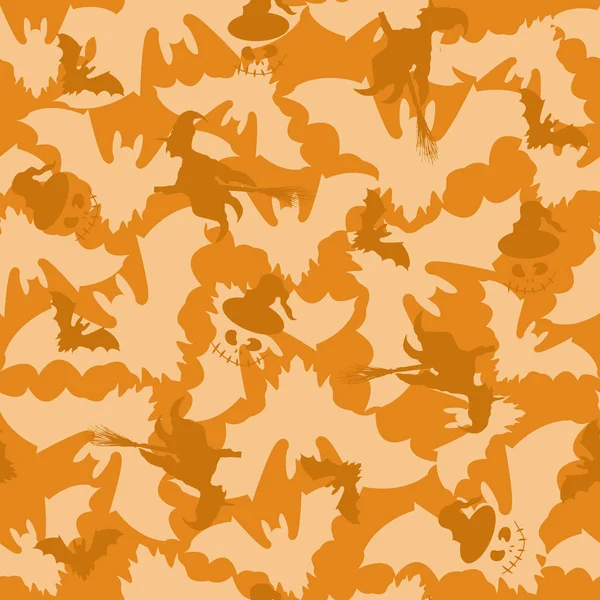 Halloween seamless pattern. Witches and bats on an orange background. Scary endless texture for fabric, paper. — Stock Vector