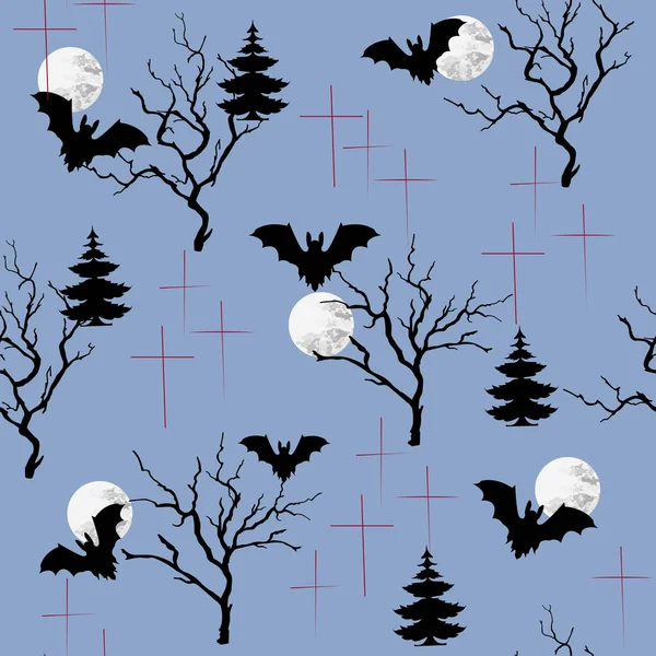 Хэллоуин безмордый узор с луной и черными деревьями. Плоский дизайн. Тёмная бесконечная текстура для ткани, бумаги — стоковый вектор