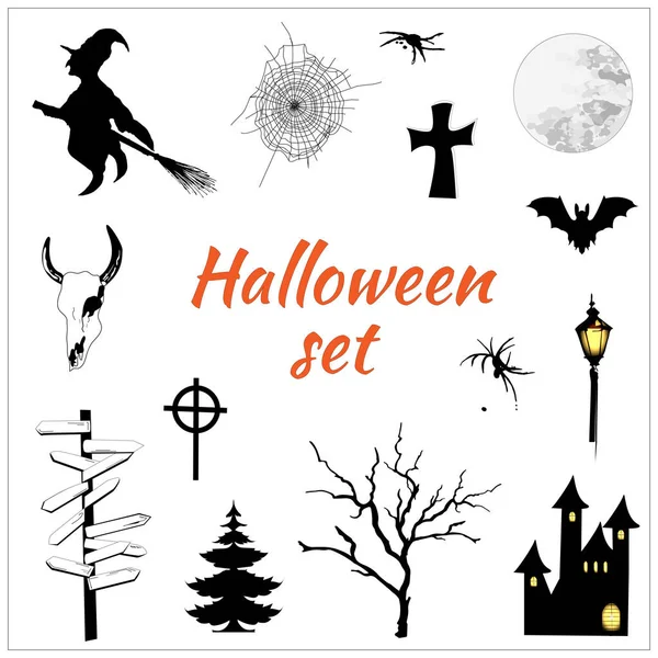 Set of elements for halloween. Bat, witch, fanar, goat skull, web, castle. Black outlines on a white background.Tree silhouette. Vector illustration. — Stock Vector