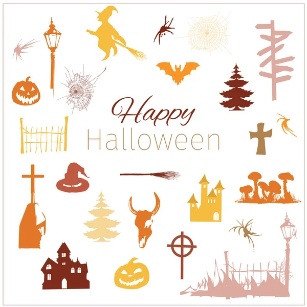 Conjunto de elementos vectoriales para feliz halloween. Iconos. Contornos y siluetas sobre fondo blanco para impresión en línea . — Vector de stock