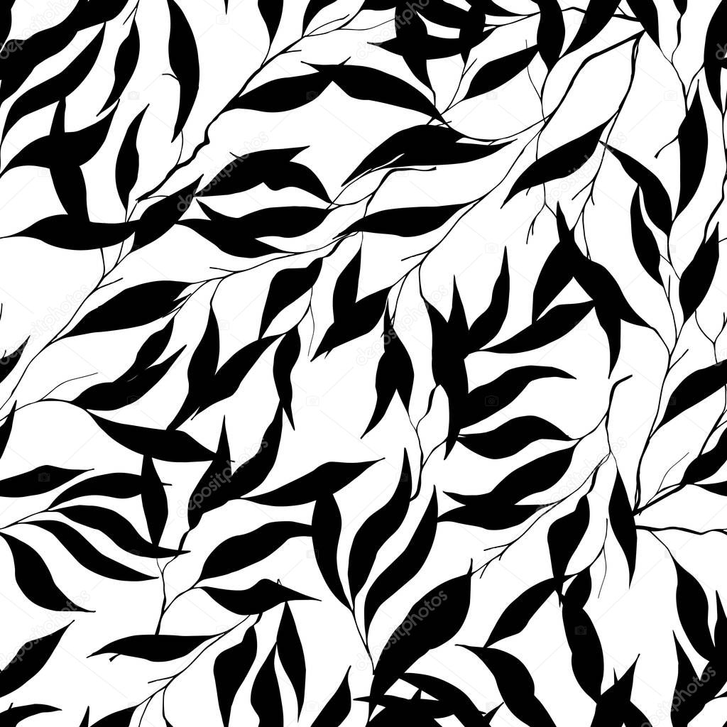 Seamless black and white pattern. Silhouettes of leaves on a white background. Textile endless ornament.