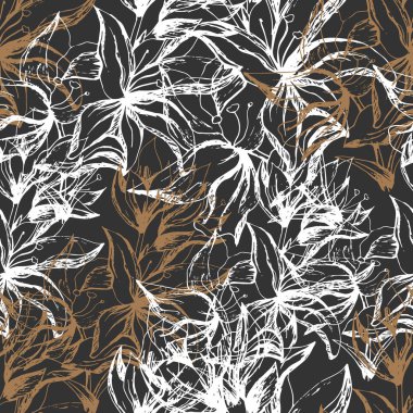 Beyaz ve altın kontur çiçekleri ile dikişsiz siyah arka plan. Zarif çiçek dokusu. Kumaş, fayans için vektör illüstrasyon.
