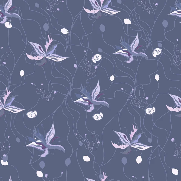 Textile floral pattern. Mother of pearl flowers with pearls on a purple background. Endless vector texture for fabric, tile, wallpaper, interior. — Stock Vector