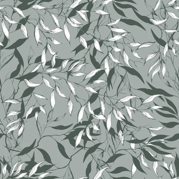 Patrón sin costura textil. Esquema de hojas en blanco y negro sobre un fondo gris para la tela, azulejo, papel pintado, interior. Textura vectorial infinita . — Vector de stock