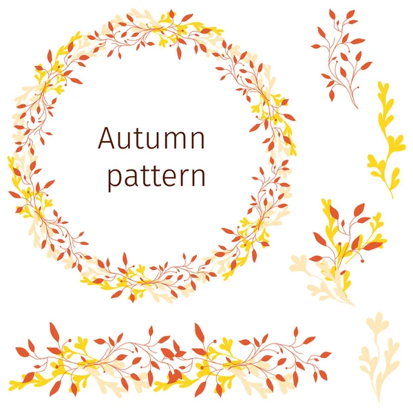 Corona floral de otoño. Conjunto de hojas amarillas y rojas sobre fondo blanco. Patrón de otoño . — Vector de stock