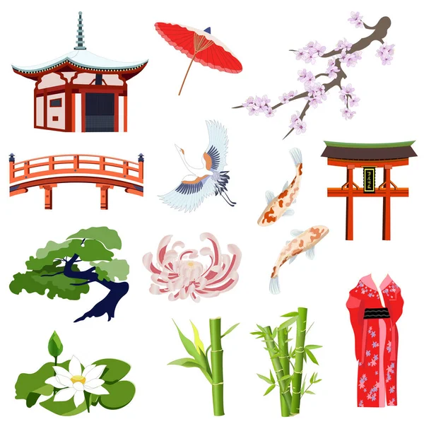 Conjunto Japonés Objetos Nacionales Ilustración Estilo Plano Iconos Del Hogar — Vector de stock