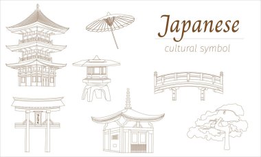 Japon ulusal sembolleri dizisi. Afişler, sunumlar, seyahat posterleri, reklamlar için beyaz üzerine vektör illüstrasyonu kesildi.