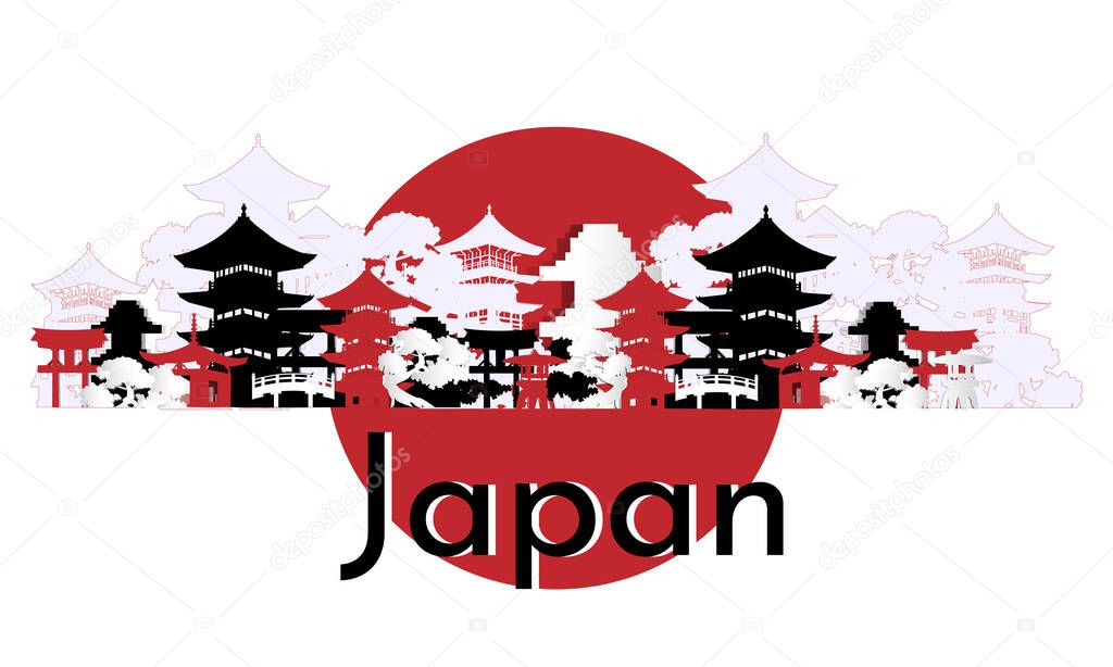 Japanese vector horizontal banner on a white background. National architecture, trees, weather and tori.