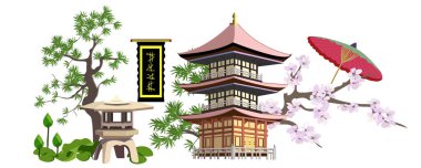 Ulusal nesnelerle Japon bayrağı. Seyahat posteri için pagoda, lotus ve sakura ile vektör ayarlandı.
