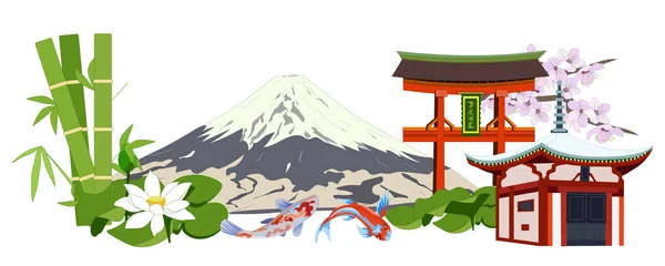 Paisaje Japonés Con Fuji Conjunto Vectores Con Pagoda Sakura Bambú — Vector de stock