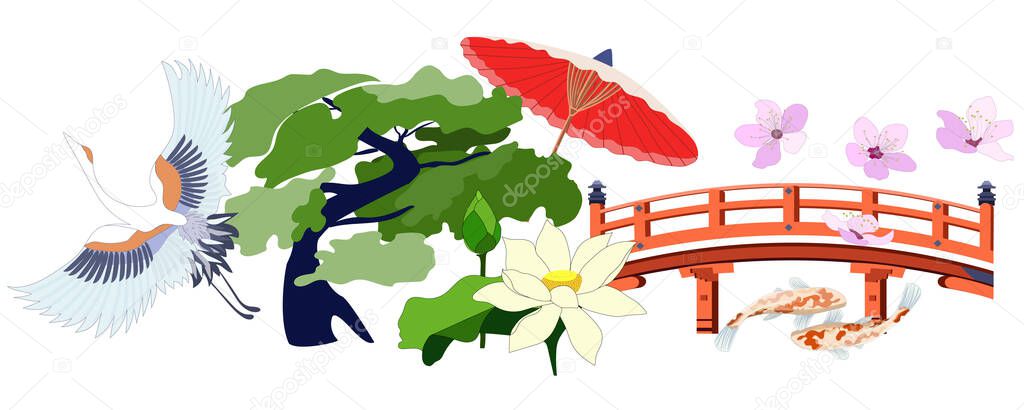 Japanese set for banners and travel posters. Vector illustration of a japanese garden with bamboo, lotus, tsuru and koi carps.
