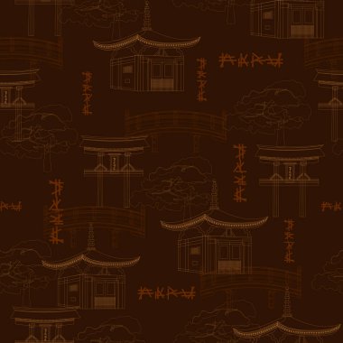 Kusursuz Japon tekstil modeli. Ev ve hava durumunun dış hatlarıyla kahverengi bir arkaplanda vektör illüstrasyonu.