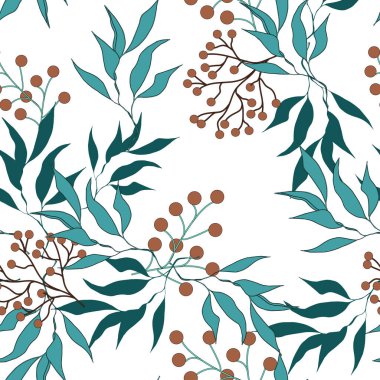 Yeşil yapraklar ve kırmızı böğürtlenlerle kusursuz bir yaz dönemi. Kumaş, mutfak, tekstil ve kağıt için vektör ışığı deseni.