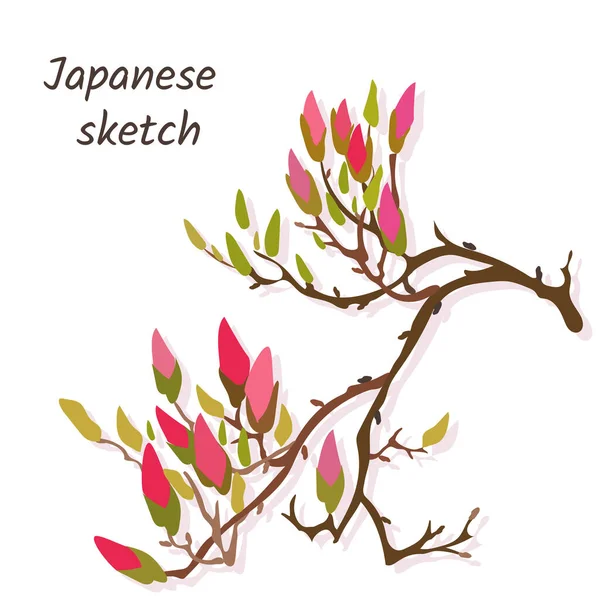 Banner Japonés Con Flores Ciruela Sobre Fondo Blanco Ilustración Vectorial — Vector de stock