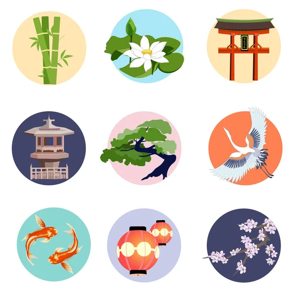 Ιαπωνικά Στρογγυλά Εικονίδια Εικονογράφηση Επίπεδο Στυλ Κύκλοι Μπαμπού Λωτό Τσούρου — Διανυσματικό Αρχείο