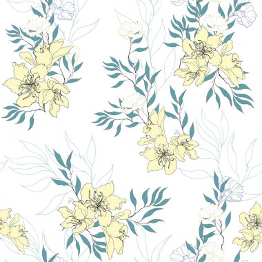 Açık çiçeksiz desen. Beyaz arka planda narin sarı çiçekler. Kumaş için sonsuz dokuyu yönlendir.