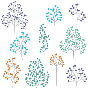 Botanik seti beyaz arka planda kesilmiş. Tasarımınız için yeşil, mavi ve kırmızı böğürtlenler. Vektör illüstrasyonu.