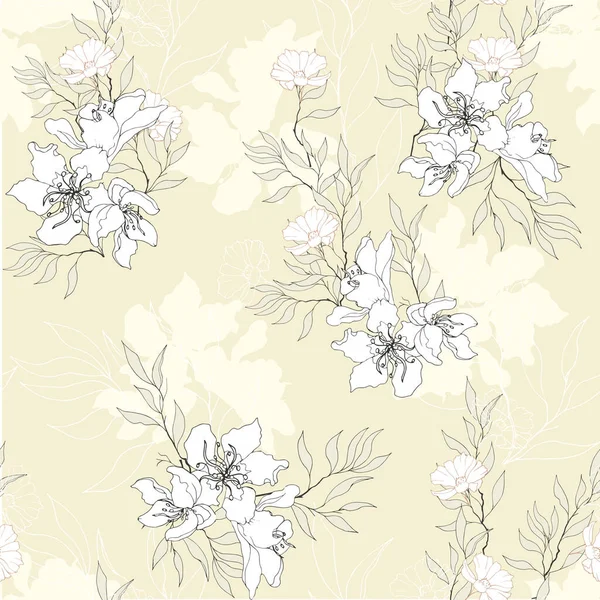 Delicate floral pattern with flowers on a yellow background. Seamless vintage texture for fabric dresses, bedding and home textiles.