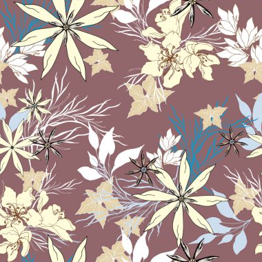 Kusursuz desenli, çiçekli sarı çiçekli, bordo bir arka plan. Kumaş için vektör vintage dokusu.