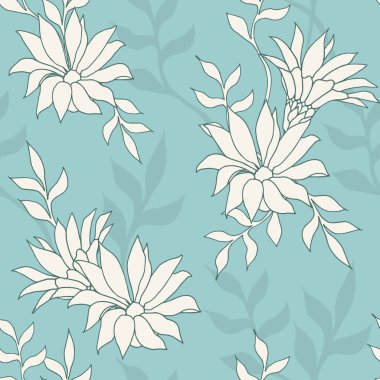 Mavi arka planda yumuşak çiçek dokusu. Beyaz hudut çiçekleri olan kusursuz bir iz. Vektör illüstrasyonu