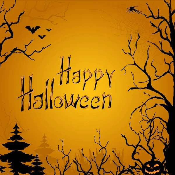 Feliz Cartel Halloween Con Espeluznante Bosque Negro Sobre Fondo Naranja — Vector de stock
