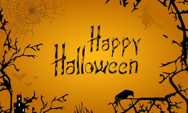 Turuncu arka planda korkunç bir kara orman olan vektör pankartı. Cadılar bayramın kutlu olsun. Parti davetleri, poster, web sayfası için vektör illüstrasyonu.