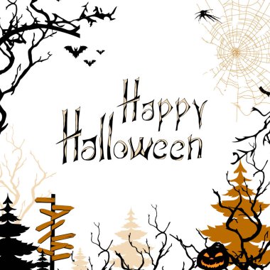 Beyaz arka planda Cadılar Bayramı bayrağınız kutlu olsun. Siyah ağaçlar ve yarasalarla dolu korkunç bir orman. Metin, tebrik ve davetiyeler için çerçeve.