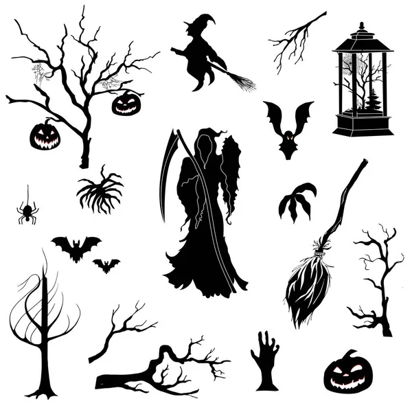 Черно Белый Набор Хэллоуин Смерть Тыквы Деревья Паутина Ведьма Летучая — стоковый вектор