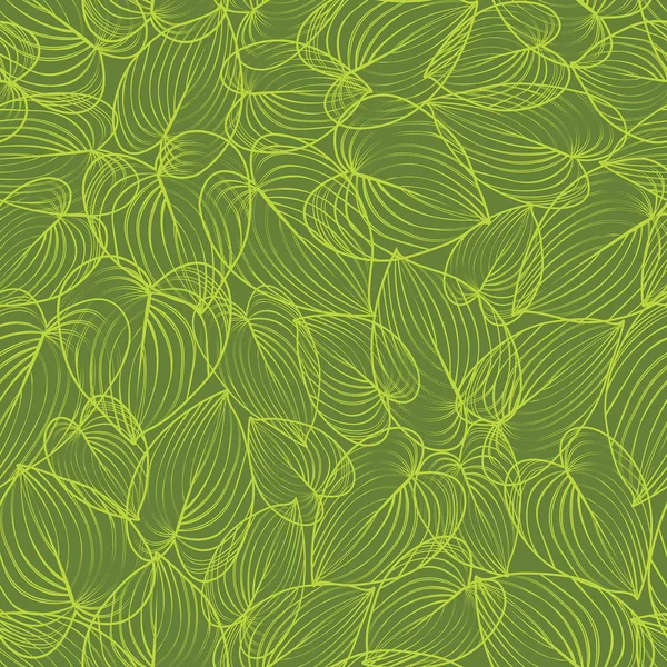 Frische Grüne Blattsträuße Umreißen Auf Grünem Hintergrund Nahtloses Druckmuster — Stockvektor