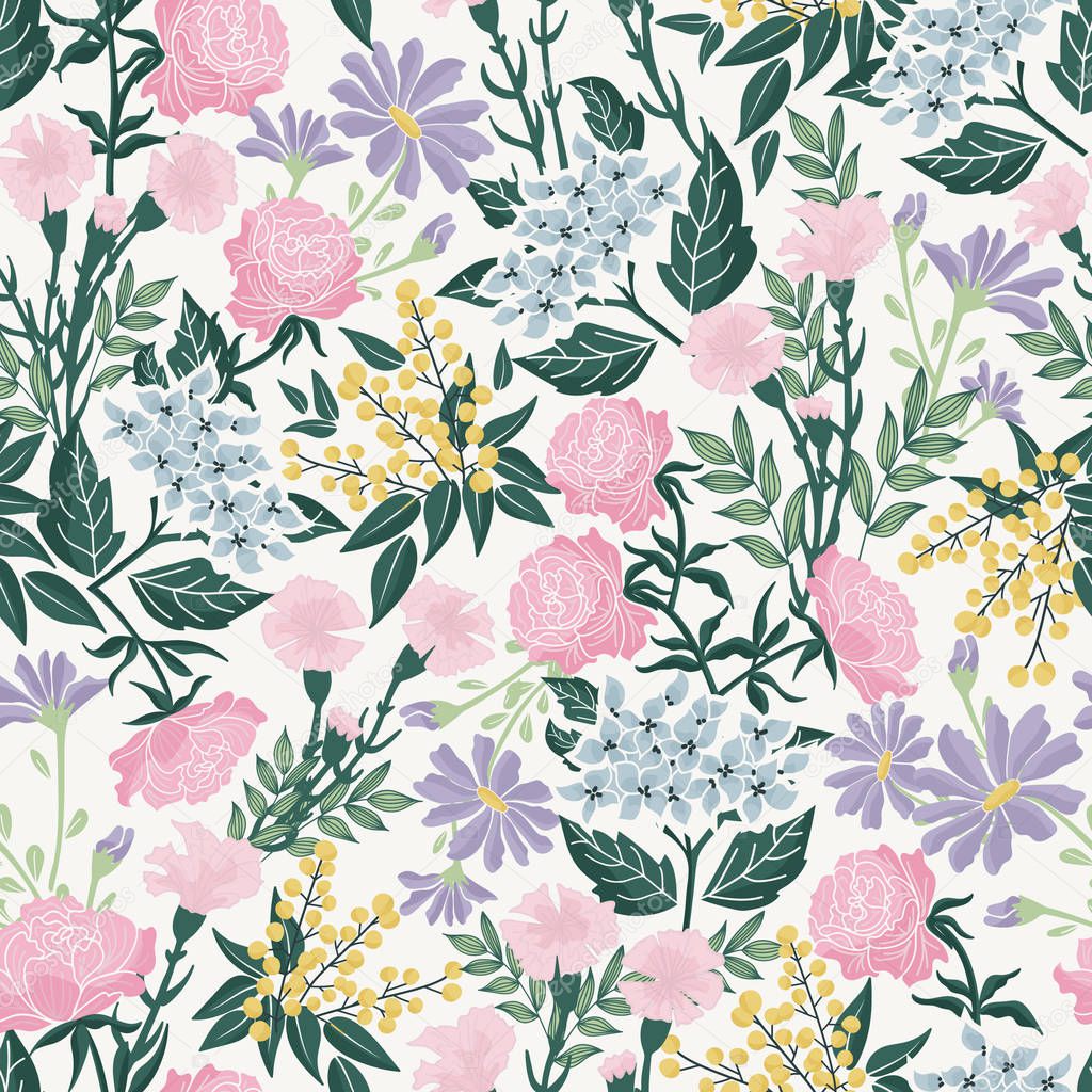 flower rush maximalist seamless vector pattern. maximalist pattern crowded with beautiful flowers forming a beautiful pattern on off white background