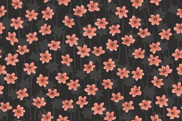 Modèle Vectoriel Sans Couture Hepatica Prairie Noire Jardin Fleurs Rondes — Image vectorielle