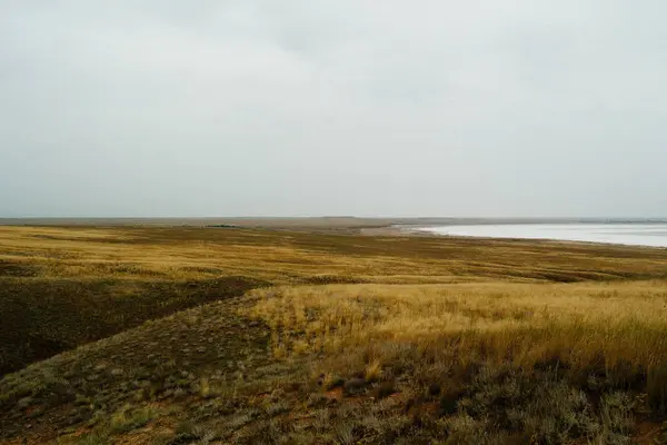 Далеких пагорбах. Горбистий степ. Пишні пагорби. Синє небо і трава. Красива рівнина. — стокове фото