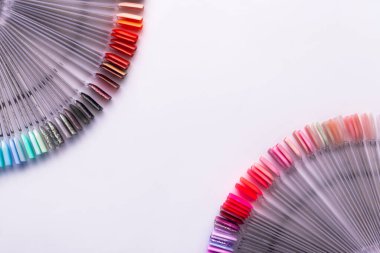 Beyaz arka planda izole edilmiş renk ojeli palet tırnak sanatı paletinin üst görüntüsü. Boşluğu kopyala