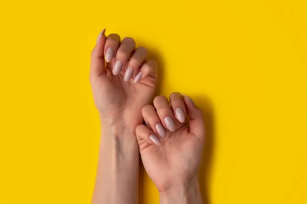 Female Hands Beautiful Manicure Yellow Background Top View Flat Lay — Stock Photo, Image
