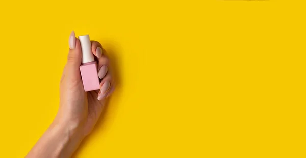 Gel polish of pink color in a hand on a yellow background, top view. Woman holds in hands pink bottle of varnish on a yellow background. Manicure concept,banner