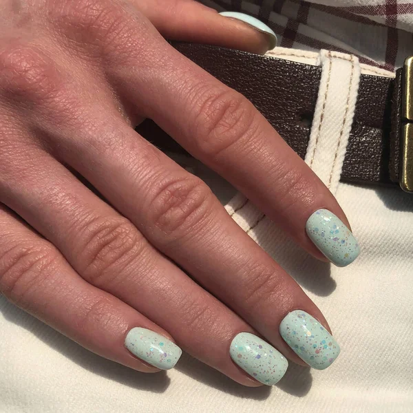 Hands Woman Blue Manicure Nails Manicure Beauty Salon Concept Empty — Stock Photo, Image