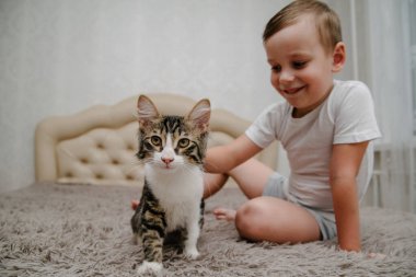Küçük çocuk yatakta bir kediyi okşuyor. Kafkasyalı anaokulu çocuğunun portresi yatak odasında oturup kediyi okşuyor..