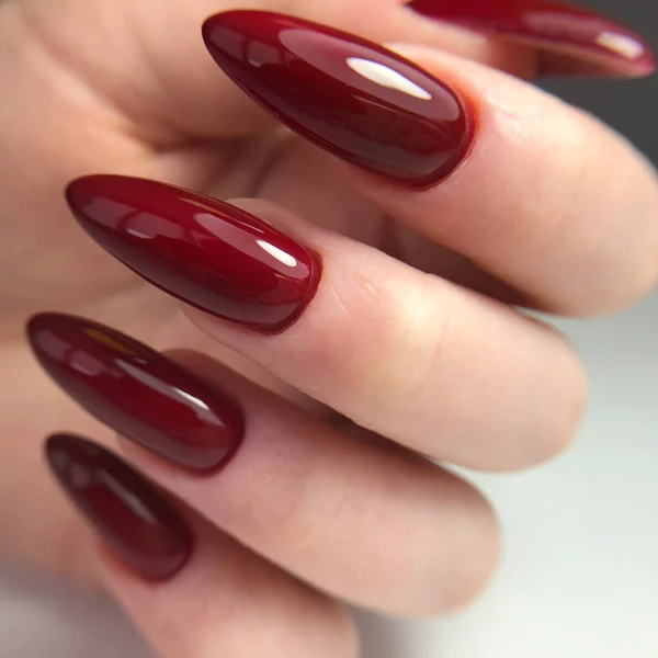 Manicura Vermelha Mãos Uma Mulher Com Manicure Vermelho Pregos Conceito — Fotografia de Stock