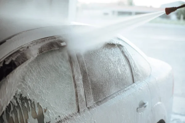 Shot Man Washing His Car High Pressure Water Outdoors Cleaning — Stock Photo, Image