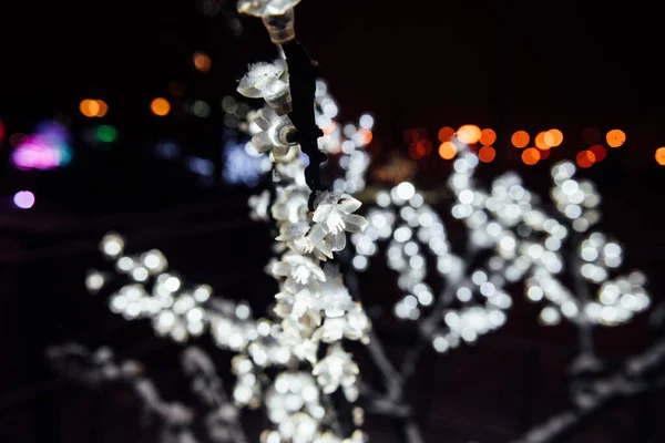 Decorações Natal Brilhantes Árvores Urbanas Decoração Cidade Bokeh Desfocado Fundo — Fotografia de Stock